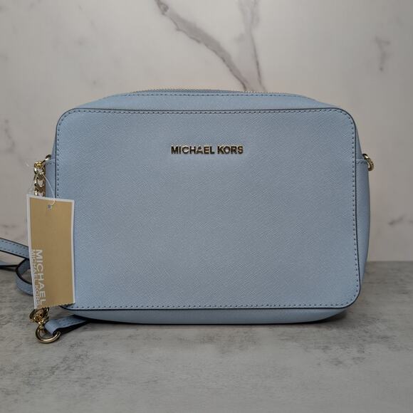 NWT MICHAEL KORS Jet Set Travel Crossbody Purse Pale Blue 32S4GTVC3L Leather